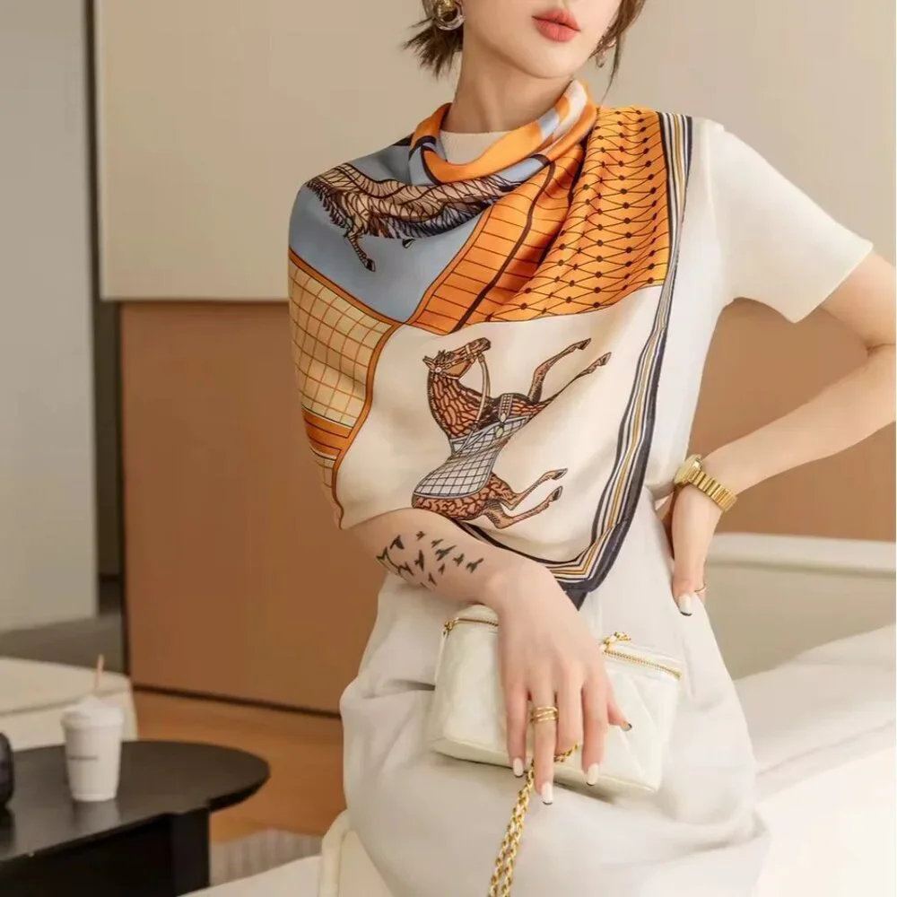 Luxury Vintage Horse Print Square Scarf Silk Feel Shawl Wrap 43x43 in NEW